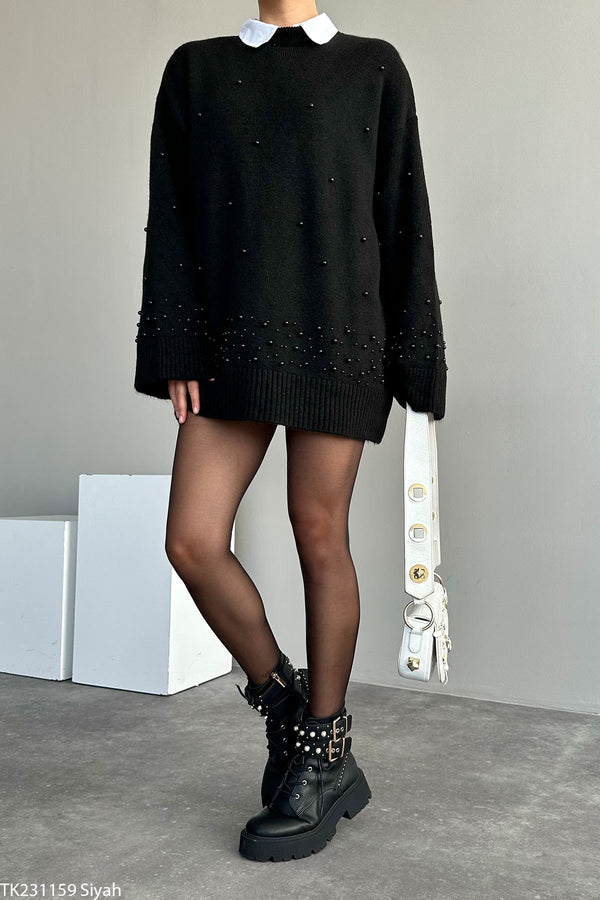 Pulover Oceane negru din tricot accesorizat cu perle