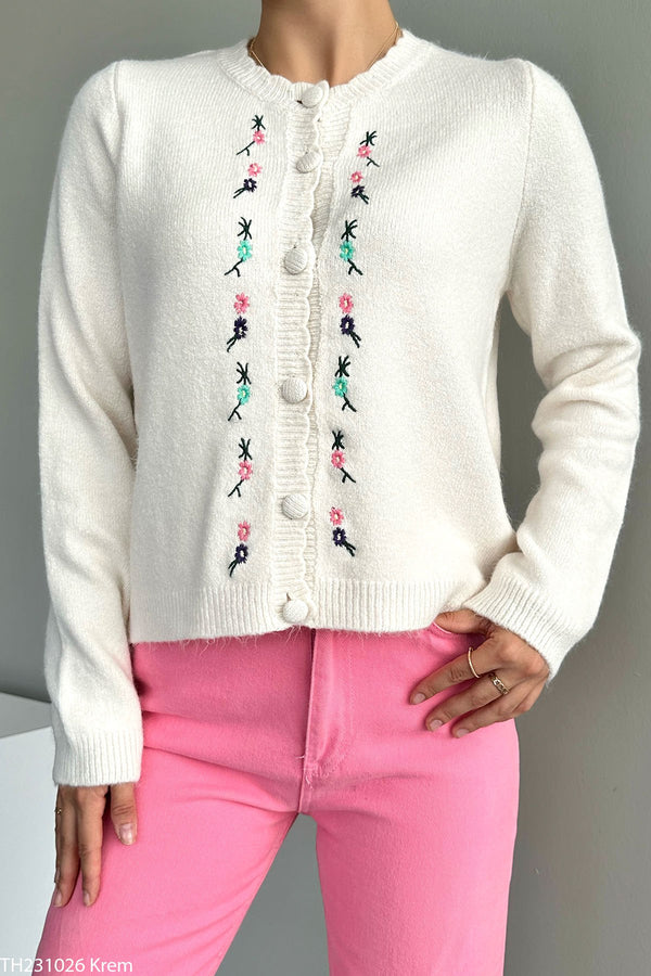 Jerseu Pauline alb din tricot cu detalii florale brodate