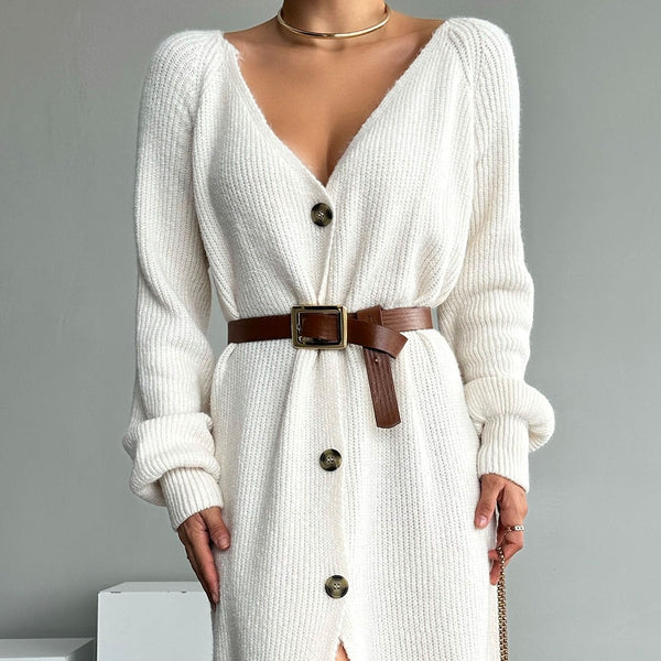 Jerseu lung Armanda alb confectionat din tricot