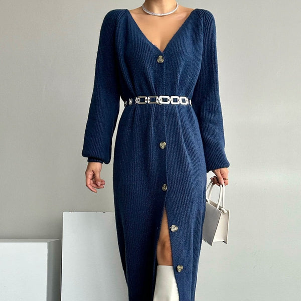 Jerseu lung Armanda bleumarin confectionat din tricot