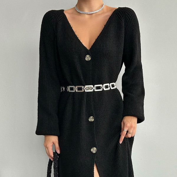 Jerseu lung Armanda negru confectionat din tricot