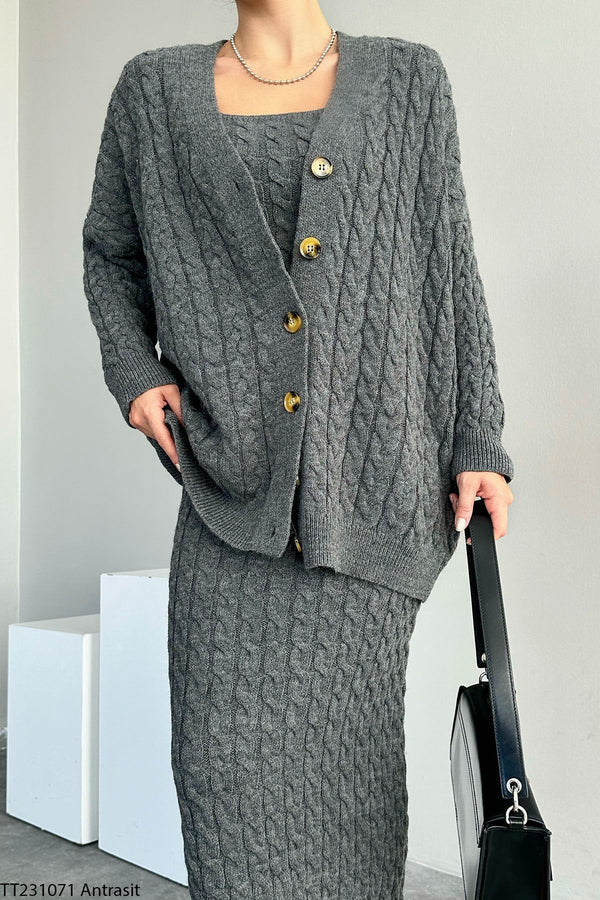Set Anaelle gri din tricot cu torsade format din 3 piese