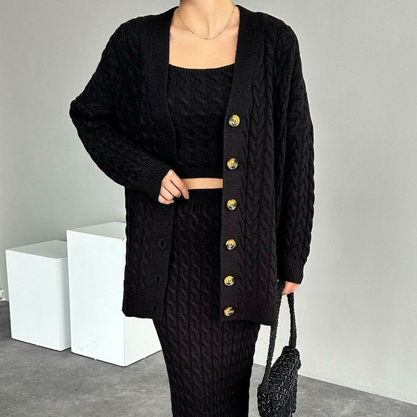 Set Anaelle negru din tricot cu torsade format din 3 piese