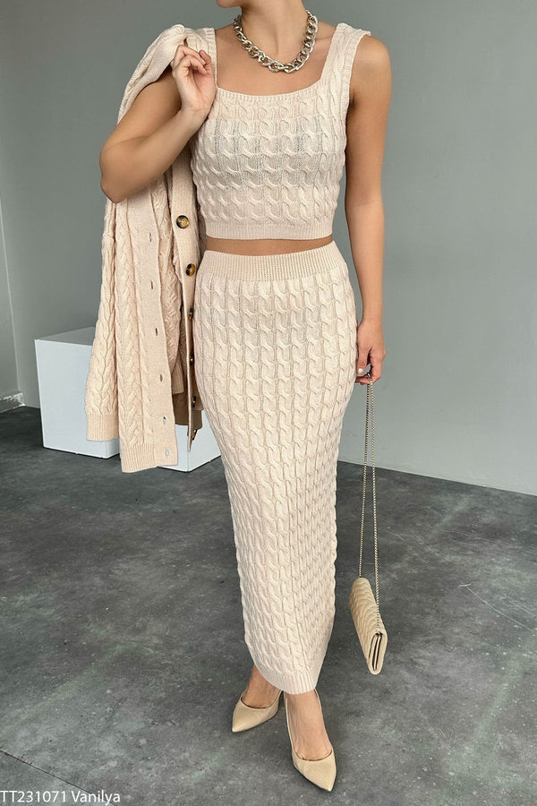 Set Anaelle negru din tricot cu torsade format din 3 piese