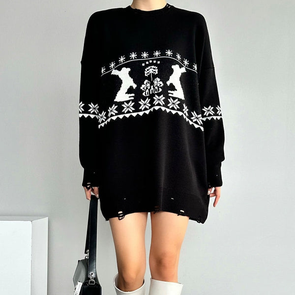 Pulover Noemie negru din tricot cu detalii tip rupturi decorative