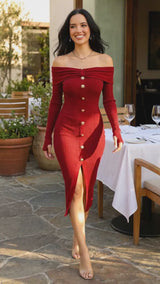 Rochie Enid din tricot cu decolteu barcuta si reiatii