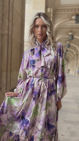 Rochie Serdina verde cu imprimeu floral si snur in talie