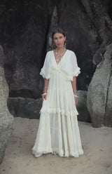 Rochie midi Aylora cu volanase si decolteu adanc