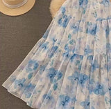 Rochie Brea albastra cu nasturi imbracati si imprimeu floral