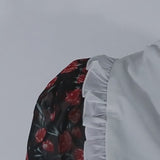 Rochie midi Solita negru din voal cu guler lat in V, maneci scurte, imprimeu floral