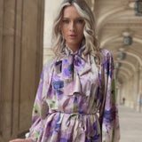 Rochie Serdina verde cu imprimeu floral si snur in talie