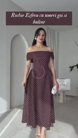 Rochie midi Esfera cu umeri goi, imprimeu buline