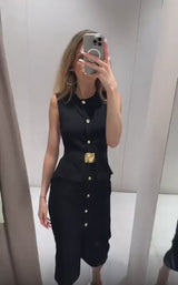 Rochie Beth cu nasturi metalici si curea cu catarama aurie