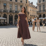 Rochie midi Esfera cu umeri goi, imprimeu buline