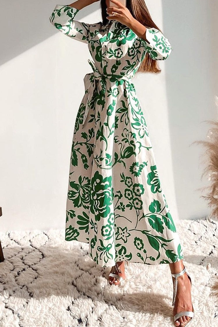 Rochie Orli verde tip camasa cu imprimeu floral si cordon accesorizat