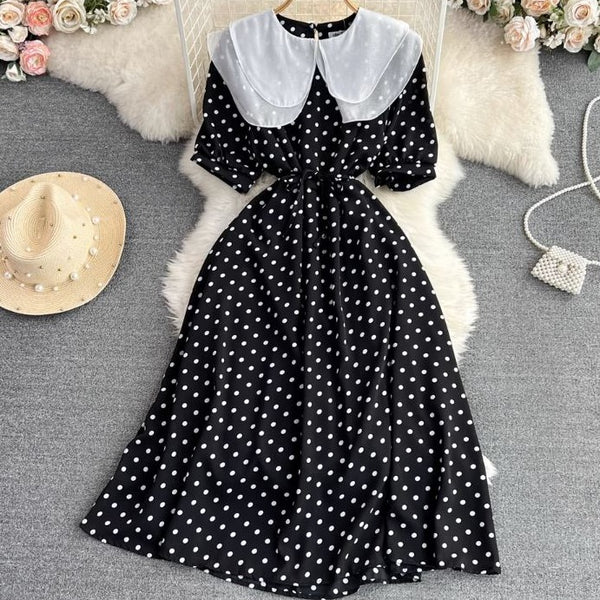 Rochie Amedia neagra cu imprimeu buline si guler dublu