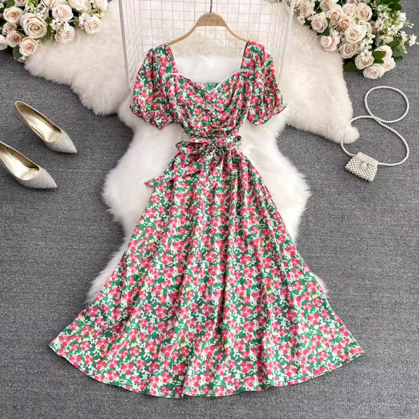 Rochie Ressa verde cu flori roz cu maneci scurte si imprimeu floral