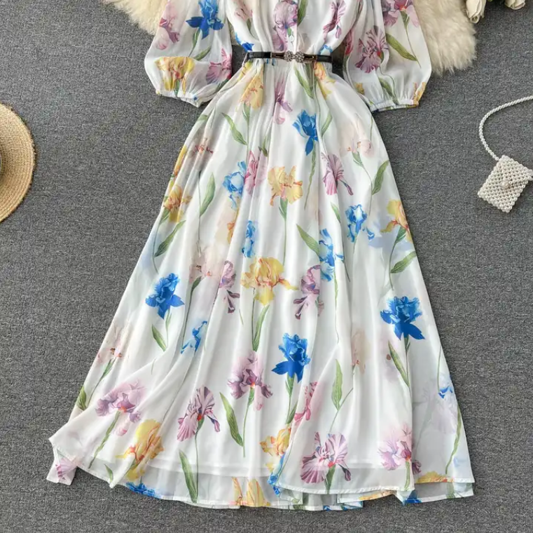 Rochie midi Alvada cu imprimeu floral si curea eleganta