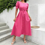 Rochie Afrodita roz cu nasturi tip perle si maneci bufante