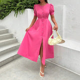 Rochie Afrodita roz cu nasturi tip perle si maneci bufante