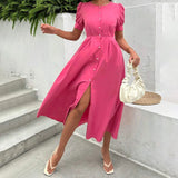 Rochie Afrodita roz cu nasturi tip perle si maneci bufante
