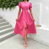 Rochie Afrodita roz cu nasturi tip perle si maneci bufante