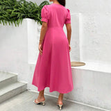Rochie Afrodita roz cu nasturi tip perle si maneci bufante