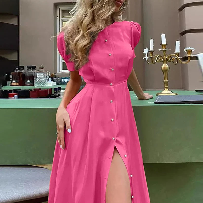 Rochie Afrodita roz cu nasturi tip perle si maneci bufante