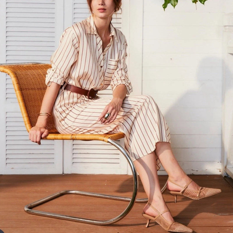 Rochie Shayla cu imprimeu in dungi si curea in talie