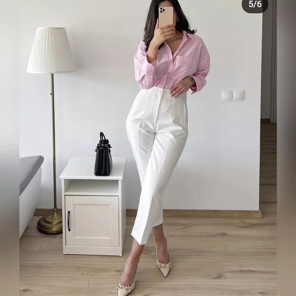 Pantaloni Jemma albi cu talie inalta, croiala conica si pense