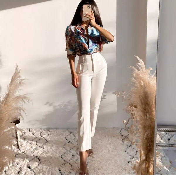 Pantaloni Jemma albi cu talie inalta, croiala conica si pense