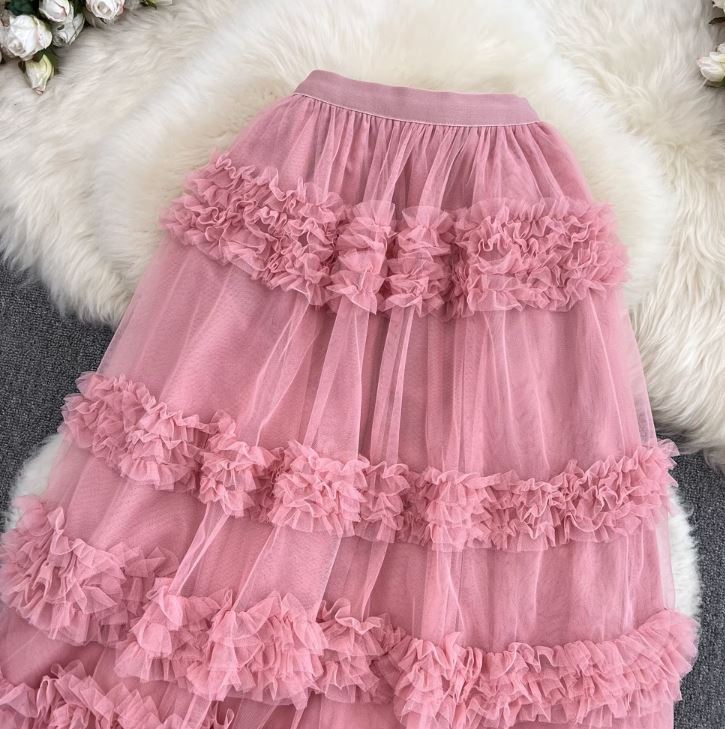 Fusta Volty roz din tulle cu incretituri