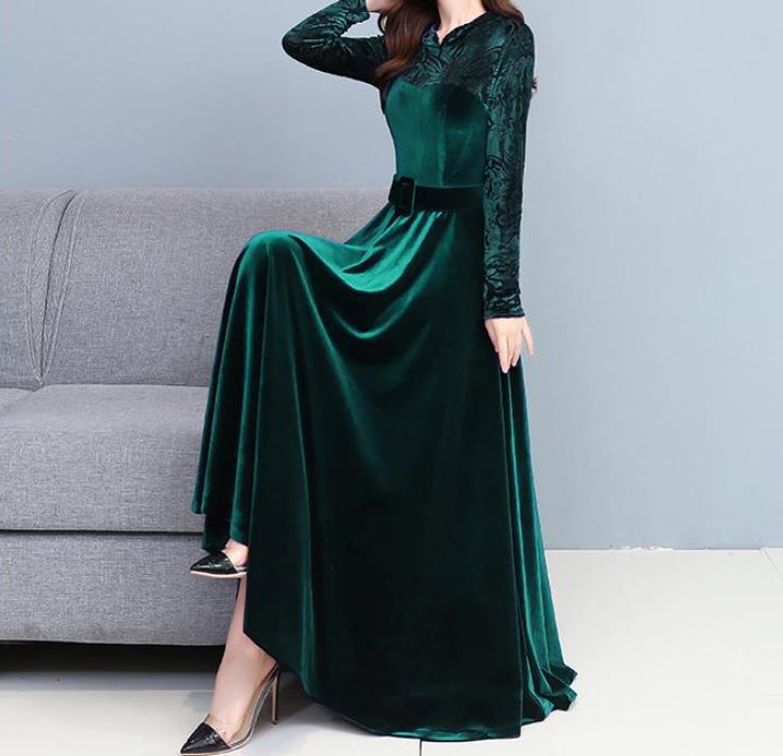 Rochie Bami verde din catifea cu banda lata in talie