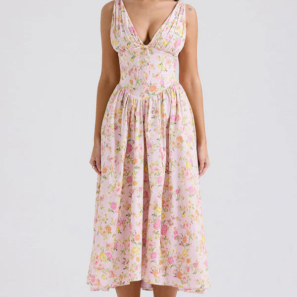 Rochie Tabby roz cu decolteu in V si croi tip corset in talie
