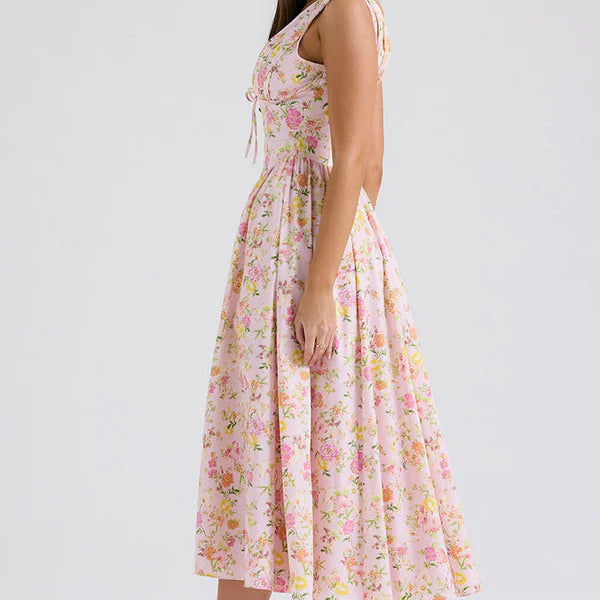 Rochie Tabby roz cu decolteu in V si croi tip corset in talie