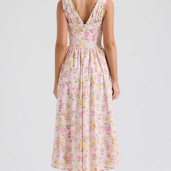 Rochie Tabby roz cu decolteu in V si croi tip corset in talie