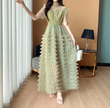 Rochie Arianne verde din tulle cu volanase