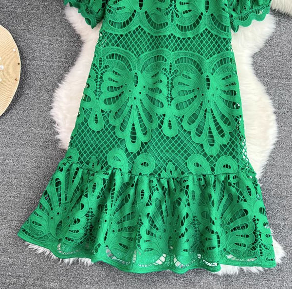 Rochie Ophelia verde din dantela brodata