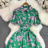 Rochie Gamma verde inchis cu imprimeu floral si curea accesorizata