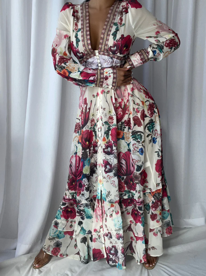 Rochie Oshea crem cu nasturi si imprimeu floral