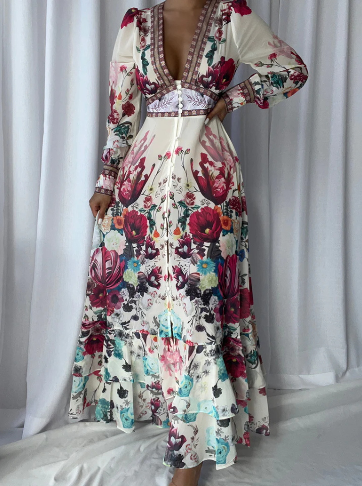 Rochie Oshea crem cu nasturi si imprimeu floral