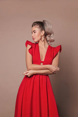 Rochie Sanzy cu decolteu adanc si volanase