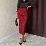 Fusta Aelina rosie lunga cu paiete