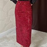 Fusta Aelina rosie lunga cu paiete