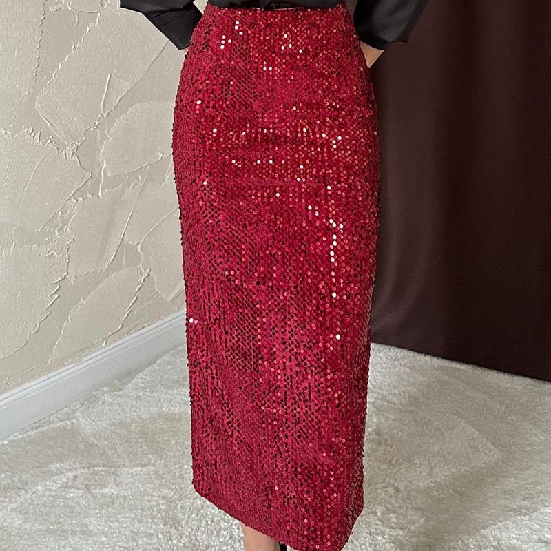 Fusta Aelina rosie lunga cu paiete