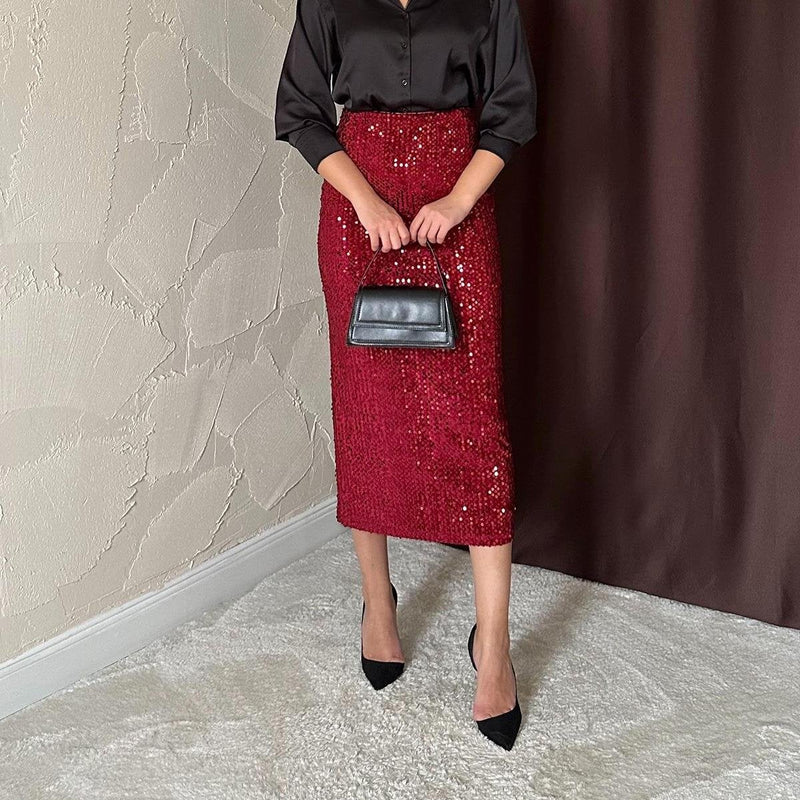 Fusta Aelina rosie lunga cu paiete