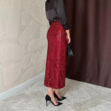 Fusta Aelina rosie lunga cu paiete