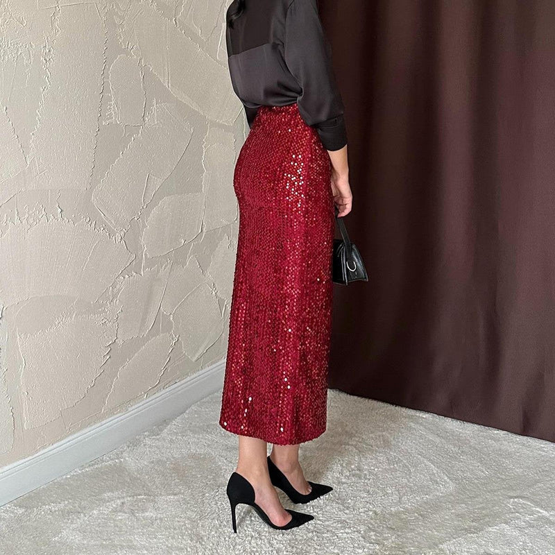 Fusta Aelina rosie lunga cu paiete