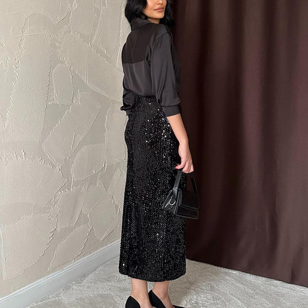 Fusta Aelina neagra lunga cu paiete