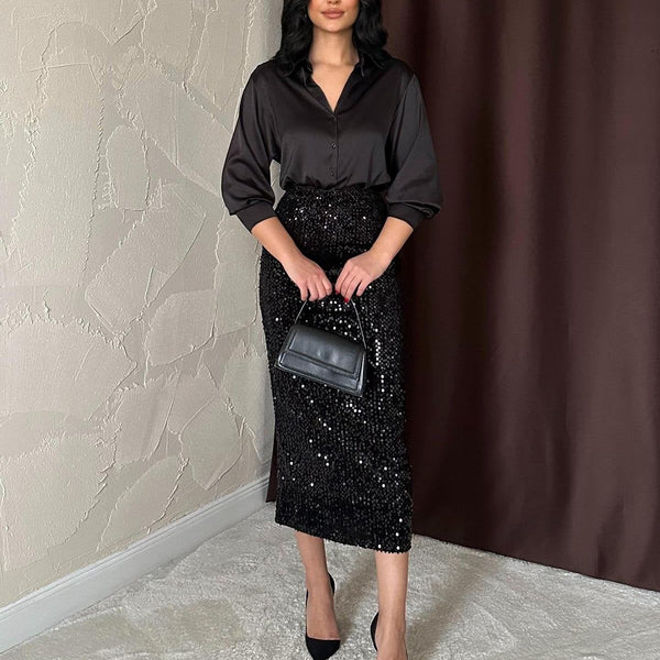 Fusta Aelina neagra lunga cu paiete